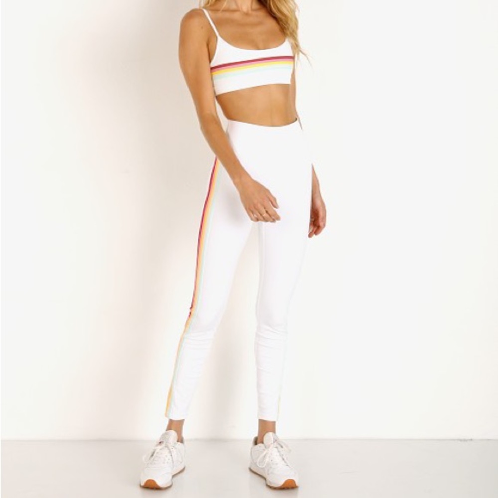Spiritual Gangster White Leggings with Rainbow Stripe